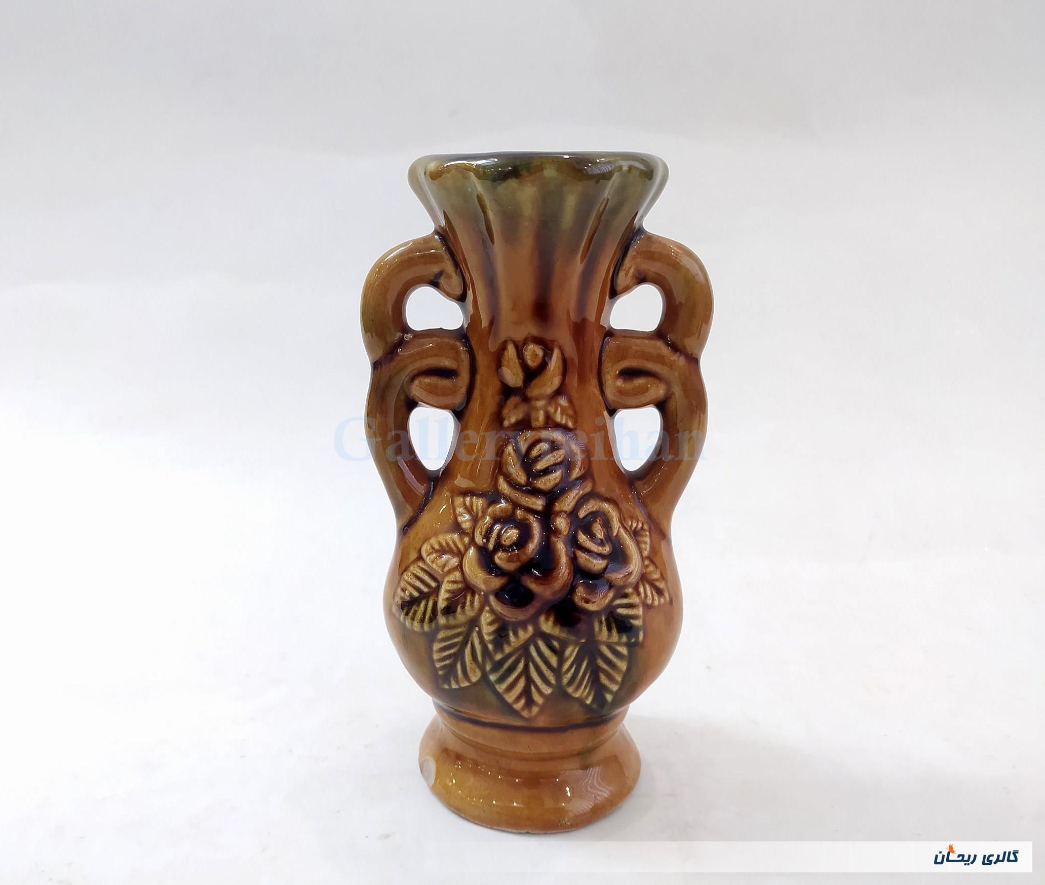 گلدان سفالی قدیمی لعابدار طرح گل 