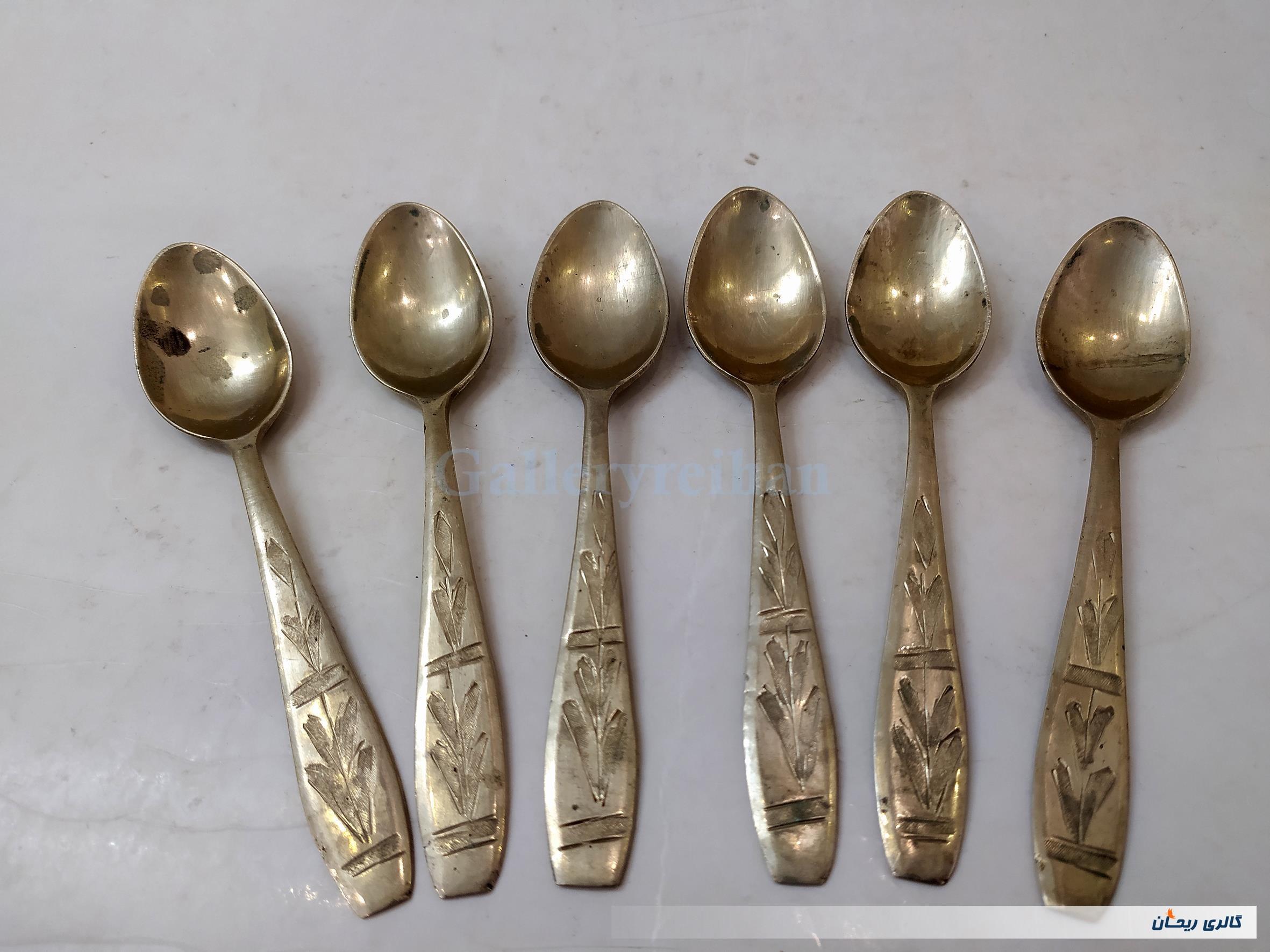 6 قاشق قلمدار قدیمی برنجی دستساز مهردار 