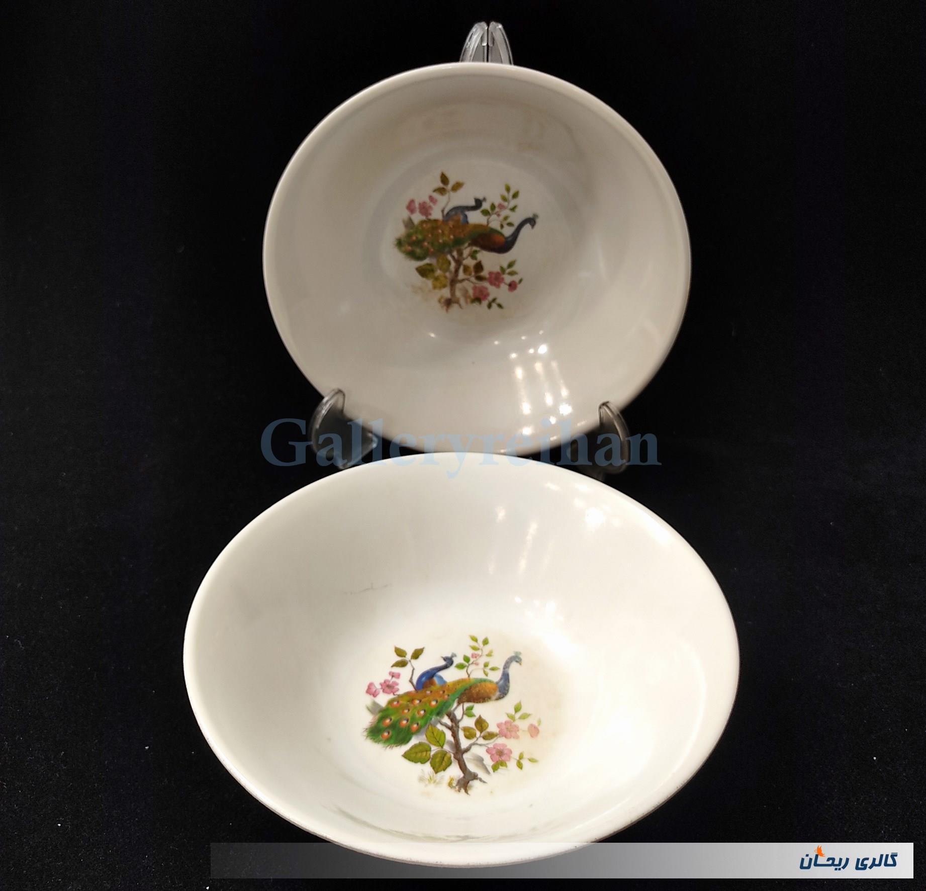 جفت کاسه ملامین طرح گل و طاووس قدیمی 