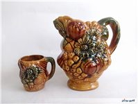 پارچ و لیوان سرامیکی قدیمی گل و میوه 