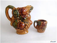 پارچ و لیوان سرامیکی قدیمی گل و میوه 