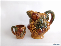 پارچ و لیوان سرامیکی قدیمی گل و میوه 